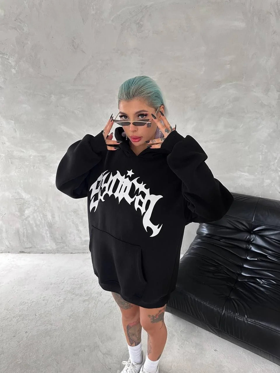 Unisex Üç İplik Kapüşonlu Baskılı SweatShirt - Beyaz