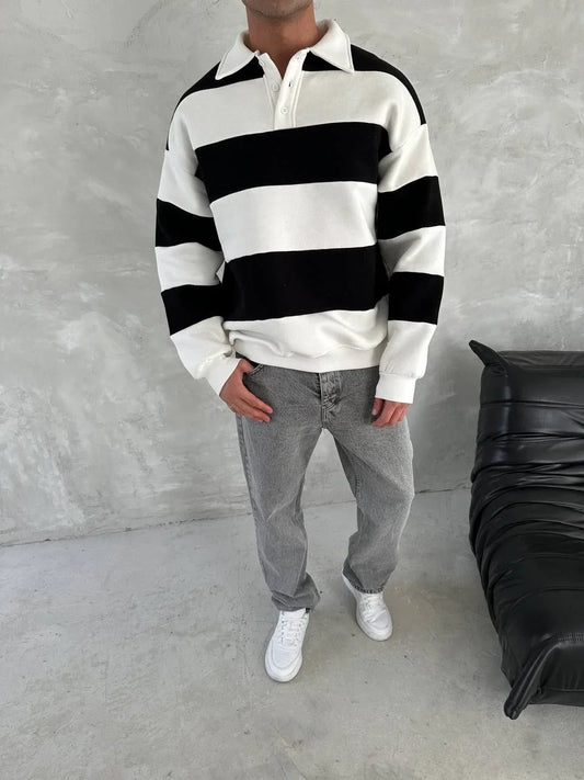 Unisex Üç İplik Parçalı Yakalı SweatShirt - Siyah