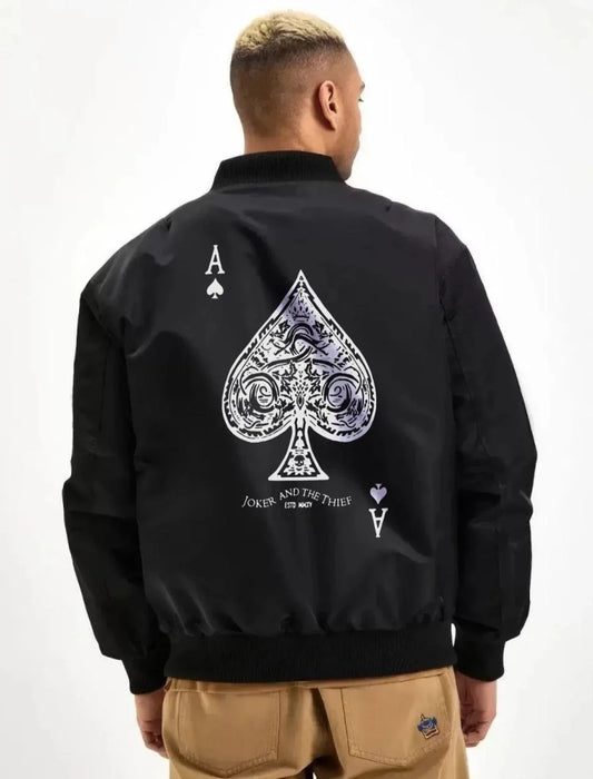 Erkek Bomber Mont – Siyah Renk, Maça Ası Baskılı, Fermuarlı, Cepli, Kapitone Astarlı, Bahar Kış Günlük Mont Ceket - Siyah