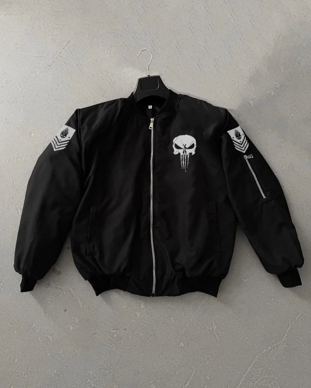 Siyah Askeri Tarz Bomber Mont – Unisex, Punisher Skull Detaylı, Fermuarlı, Cepli, Uzun Kollu, Bahar ve Kış Günlük Moda İçin Uygun - Siyah