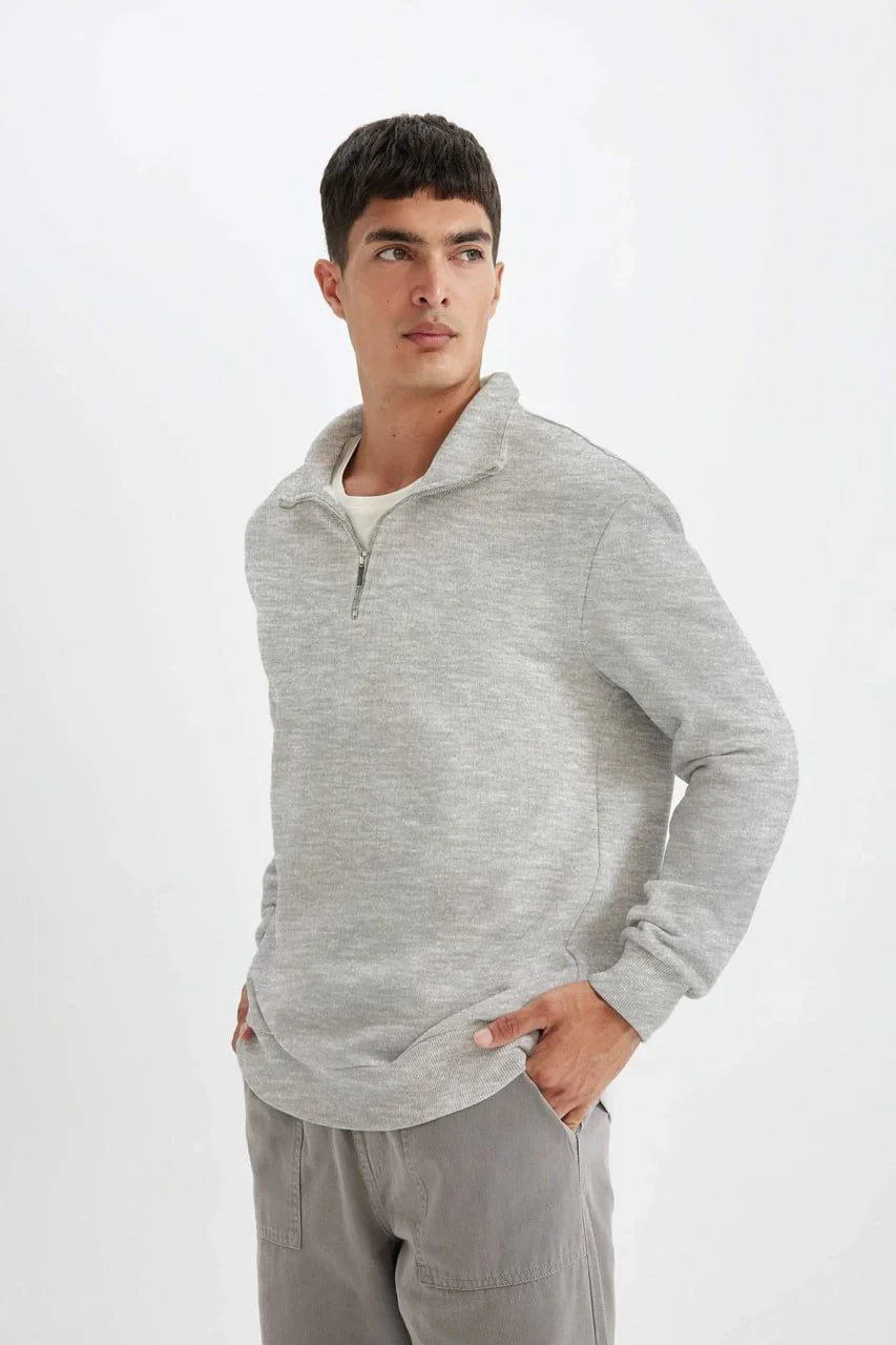 Unisex Uzun Kol Yarım Farmuarlı Yakalı Basic SweatShirt - Siyah