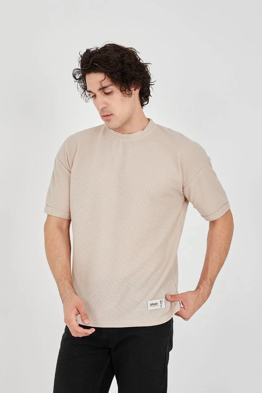 Unisex Waffle Kumaş Rahat Kol T-Shirt - Boyalı Gri