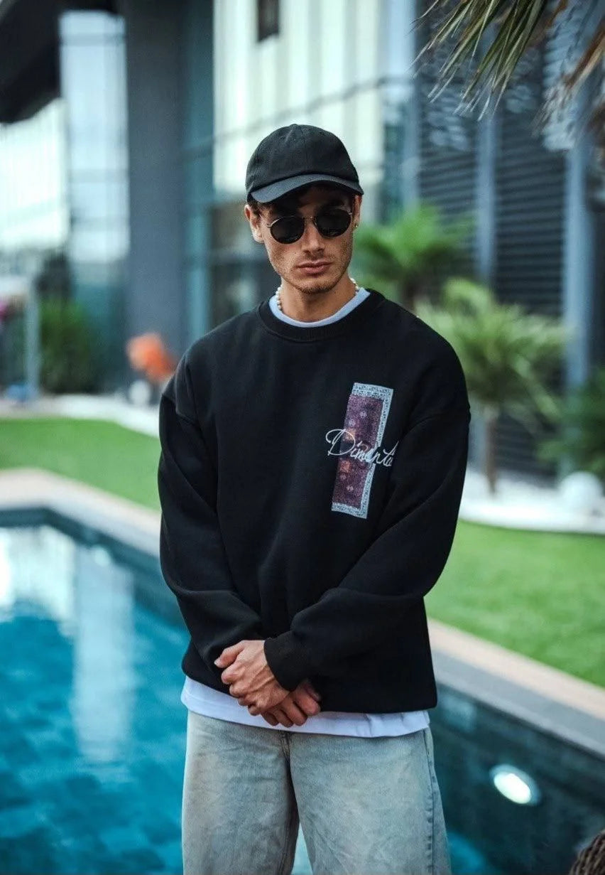 Uzun Kol Bisiklet Yaka Ön ve Arka Baskılı SweatShirt - Beyaz