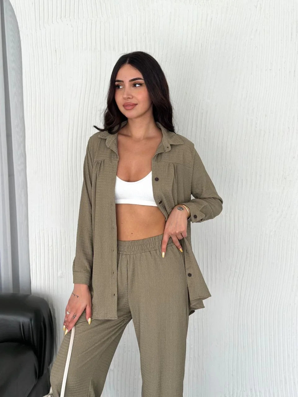 Yakalı Düğmeli Uzun Kollu Gömlek Pantolon ikili Takım - Beyaz