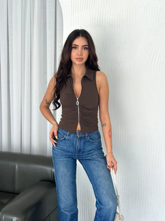 Yakalı Tam Fermuarlı Kolsuz Bluz - Kahverengi