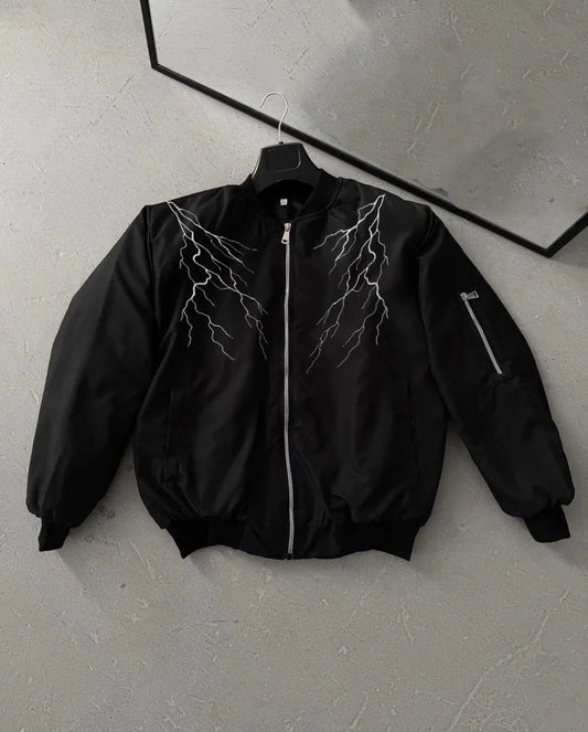 Unisex Siyah Bomber Mont – Beyaz Şimşek Desenli, Fermuarlı Cepli, Kapitone Astarlı Sokak Stili Günlük Ceket - Siyah