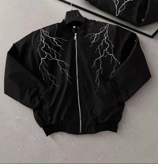 Unisex Siyah Bomber Mont – Beyaz Şimşek Desenli, Fermuarlı Cepli, Kapitone Astarlı Sokak Stili Günlük Ceket - Siyah