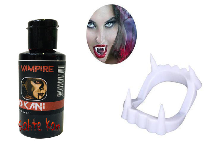 Beyaz Renk Çift Damak Takma Vampir Dişi ve 50 gr Tiyatro Kanı Set