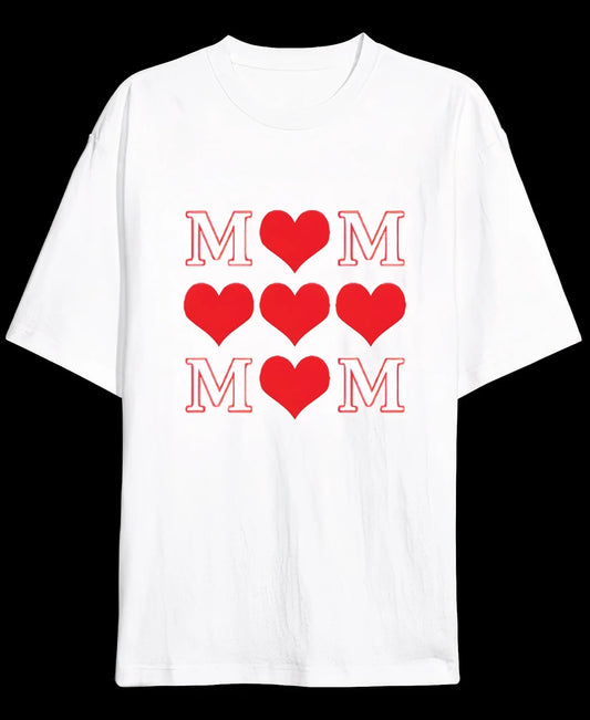 Anneler Gününe Özel Tasarım MOM Kalp Baskılı T-shirt - Beyaz