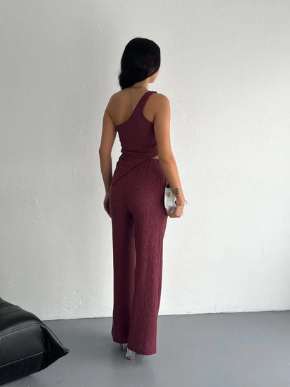 Asimetrik Crop Pantalon ikili Takım - Gül Kurusu