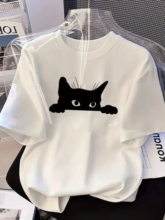 Kadınlar için Şık Siyah Kedi Grafik Tişört - Oversize Kısa Kollu Üst, Nefes Alabilir Polyester Karışımı, Makinede Yıkanabilir - Mükemmel Yaz Modası - Beyaz