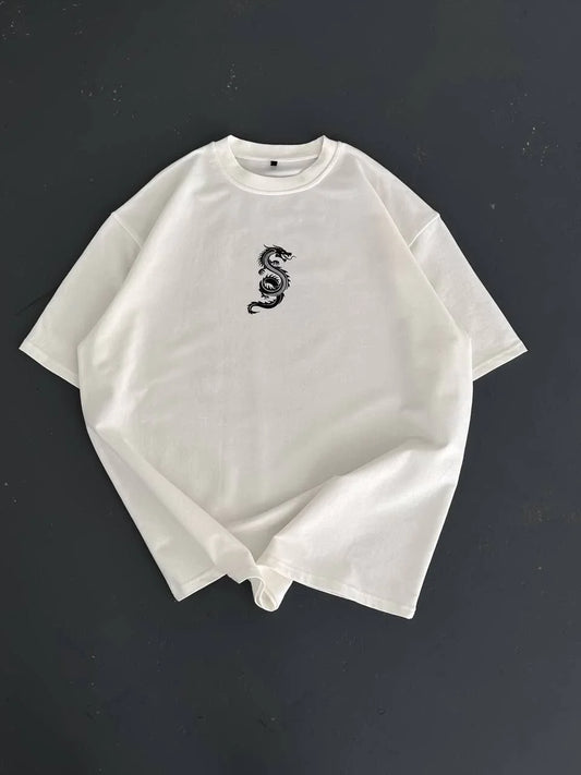 Baskılı Oversize Bisiklet Yaka T-shirt - Beyaz