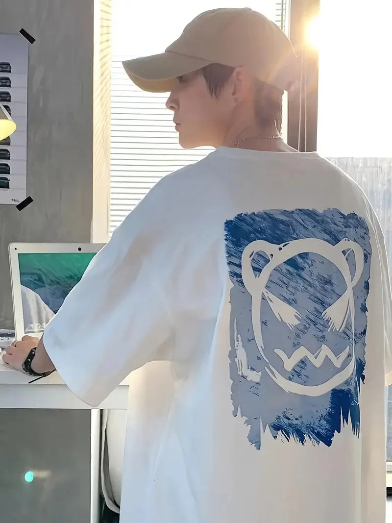 20/1 Penye Compack Bisiklet Yaka Kore tarzı sevimli ayı baskı Kısa Kol Erkek t-shirt - Beyaz