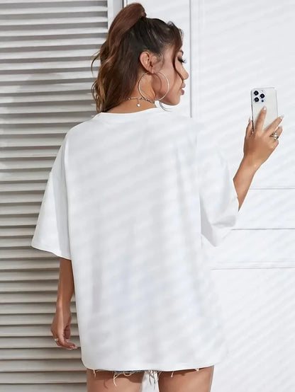 Brooklyn Harf Baskılı Düşük Omuzlu T-shirt, Rahat Kısa Kollu Bol T-shirt, Kadın Giyim - Beyaz