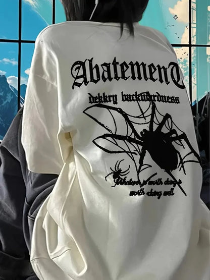 Örümcek Ağı Desenli Baskılı Oversize Bisiklet Yaka T-shirt - Siyah