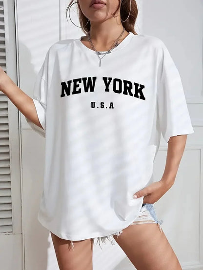 20/1 Penye CompackNew York Baskılı Oversize Kısa Kol Bisiklet Yaka T-shirt - Beyaz