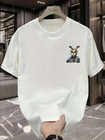 Güneş Gözlüğü Grafikli Karikatür Tavşan Oversize Kısa Kollu Tişört Çift Tişört, İlkbahar Ve Yaz- Siyah