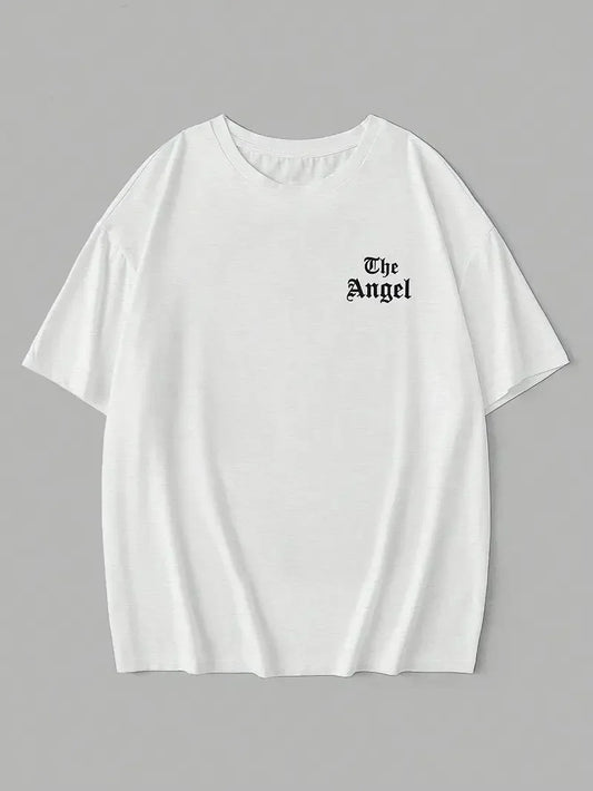 20/1 Penye Compack Dark Angel Baskılı Oversize Kısa Kol Yazlık T-shirt- Beyaz