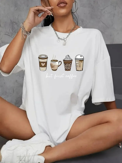 20/1 Penye Compack Baskılı Oversize Kahve Desenli Kadın Kısa Kol Yazlık T-shirt - Siyah