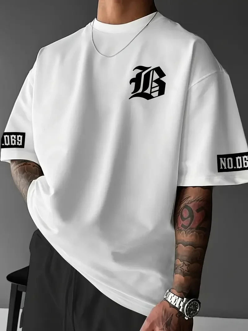 LB Ön Arka Baskılı Oversize Bisiklet Yaka Yazlık T-shirt - Siyah