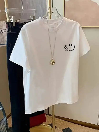 20/1 Penye Compack Gülücük Baskılı Oversize Bisiklet Yaka Kısa Kol Yazlık T-shirt - Beyaz