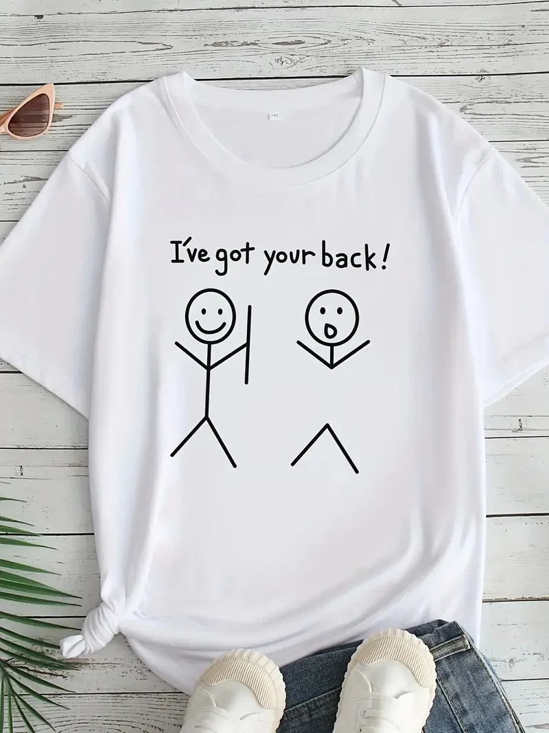 Kadın Beyaz "I've Got Your Back" Grafik Tişört - Eğlenceli Çubuk Tasarımlı Oversize Günlük Kısa Kollu Tişört, Polyester Örgü, Yuvarlak Yaka, İlkbahar ve Yaz için Mükemmel, Günlük Giyim Tişört | Eğlenceli Tasarım | Polyester Kumaş - Beyaz