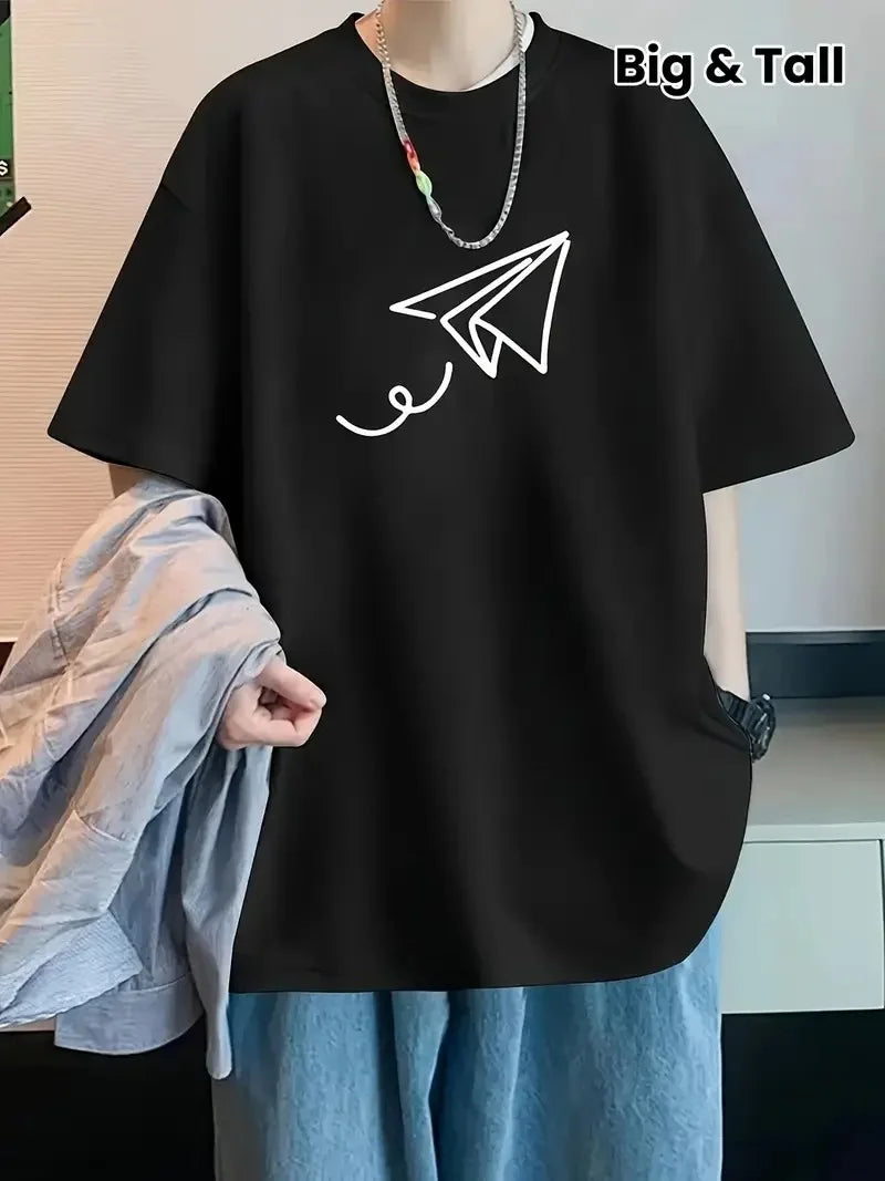 20/1 Penye Compack Uçak Baskılı Oversize Bisiklet Yaka Kısa Kol T-shirt - Beyaz