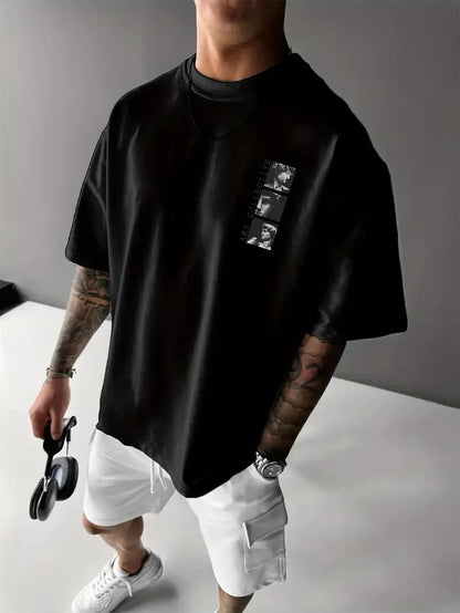 Benzersiz Sırt Baskılı Erkek Sokak Stili Bol Tişört - Nefes Alabilir Polyester, Makinede Yıkanabilir - Siyah