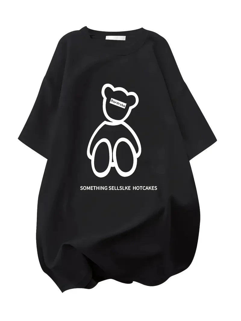 20/1 Penye Compack Ön Arka Baskılı Oversize Bisiklet Yaka T-shirt - Siyah