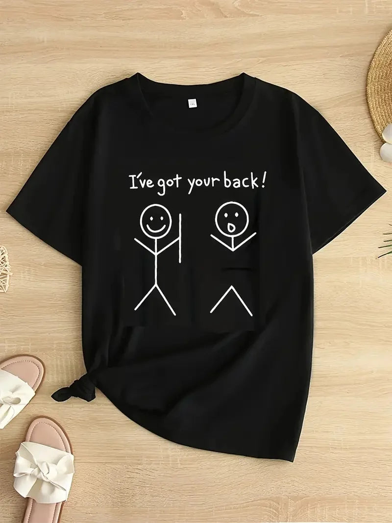 Kadın Beyaz "I've Got Your Back" Grafik Tişört - Eğlenceli Çubuk Tasarımlı Oversize Günlük Kısa Kollu Tişört, Polyester Örgü, Yuvarlak Yaka, İlkbahar ve Yaz için Mükemmel, Günlük Giyim Tişört | Eğlenceli Tasarım | Polyester Kumaş - Beyaz