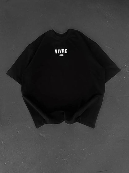 Baskılı Oversize Bisiklet Yaka T-shirt - Siyah