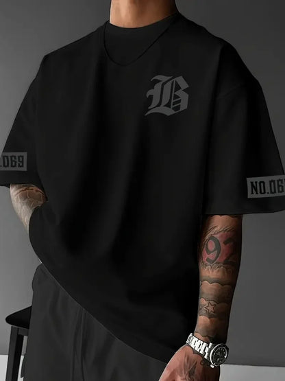 LB Ön Arka Baskılı Oversize Bisiklet Yaka Yazlık T-shirt - Siyah