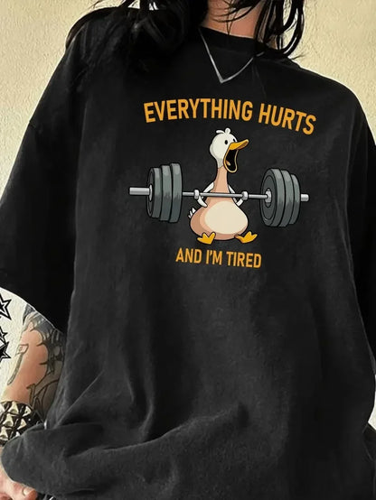 Ördek Baskılı ve Yuvarlak Yakalı Kadın Günlük Büyük Boy Siyah Tişört. - Beyaz