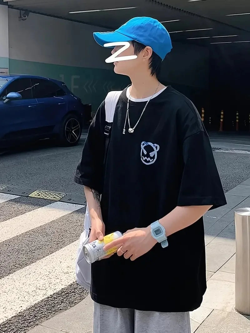 20/1 Penye Compack Bisiklet Yaka Kore tarzı sevimli ayı baskı Kısa Kol Erkek t-shirt - Beyaz