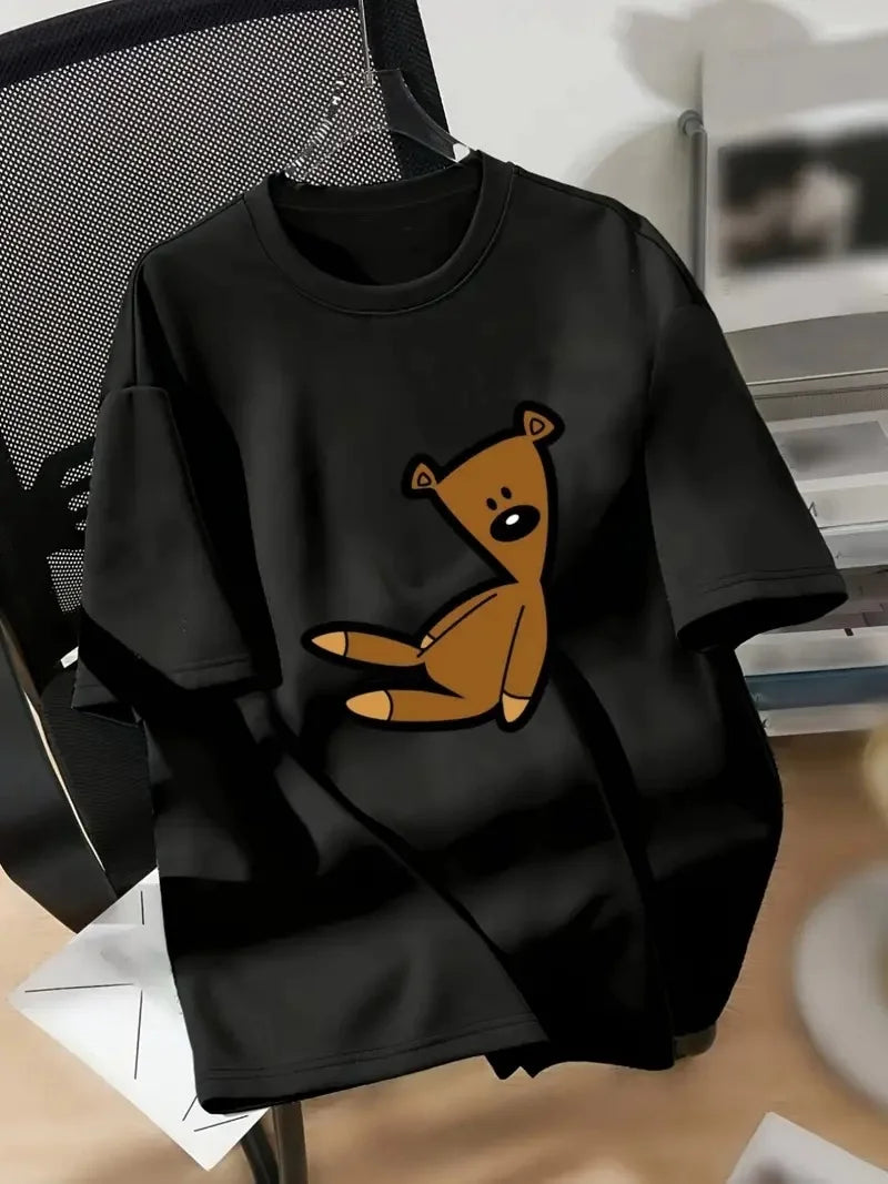 20/1 Penye Compack Ayı Baskılı Oversize Bisiklet Yaka Kısa Kol T-shirt - Beyaz