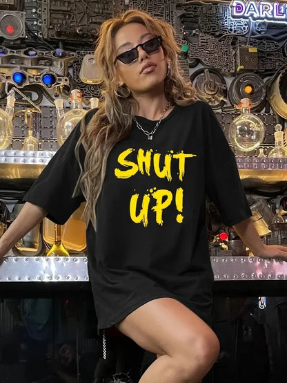 20/1 Penye Compack Shut up Baskılı Oversize Bisiklet Yaka Kısa Kol T-shirt - Siyah