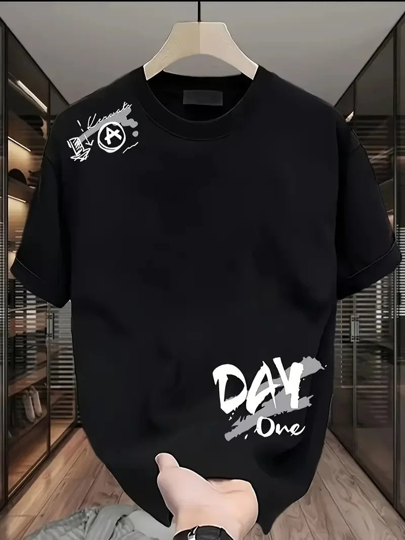 Day One Baskılı Oversize Bisiklet Yaka T-shirt - Beyaz