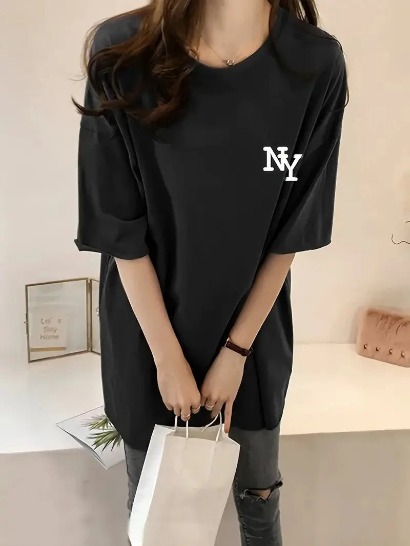 Kadın Eğlenceli Harf NY Baskılı Bisiklet Yaka Tişört - Rahat Polyester, Makinede Yıkanabilir - Yaz ve Fitness için Mükemmel, Yuvarlak Yaka - Siyah