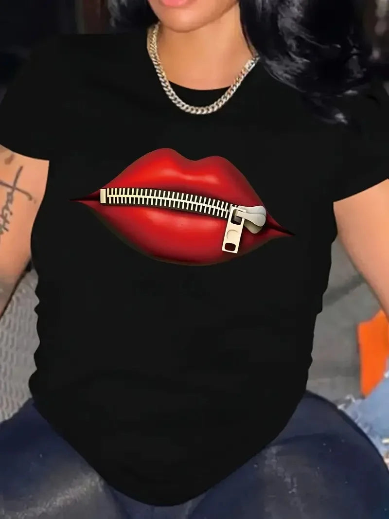 fermuar dudak baskılı tişört bisiklet yaka kısa kollu tişört - Siyah