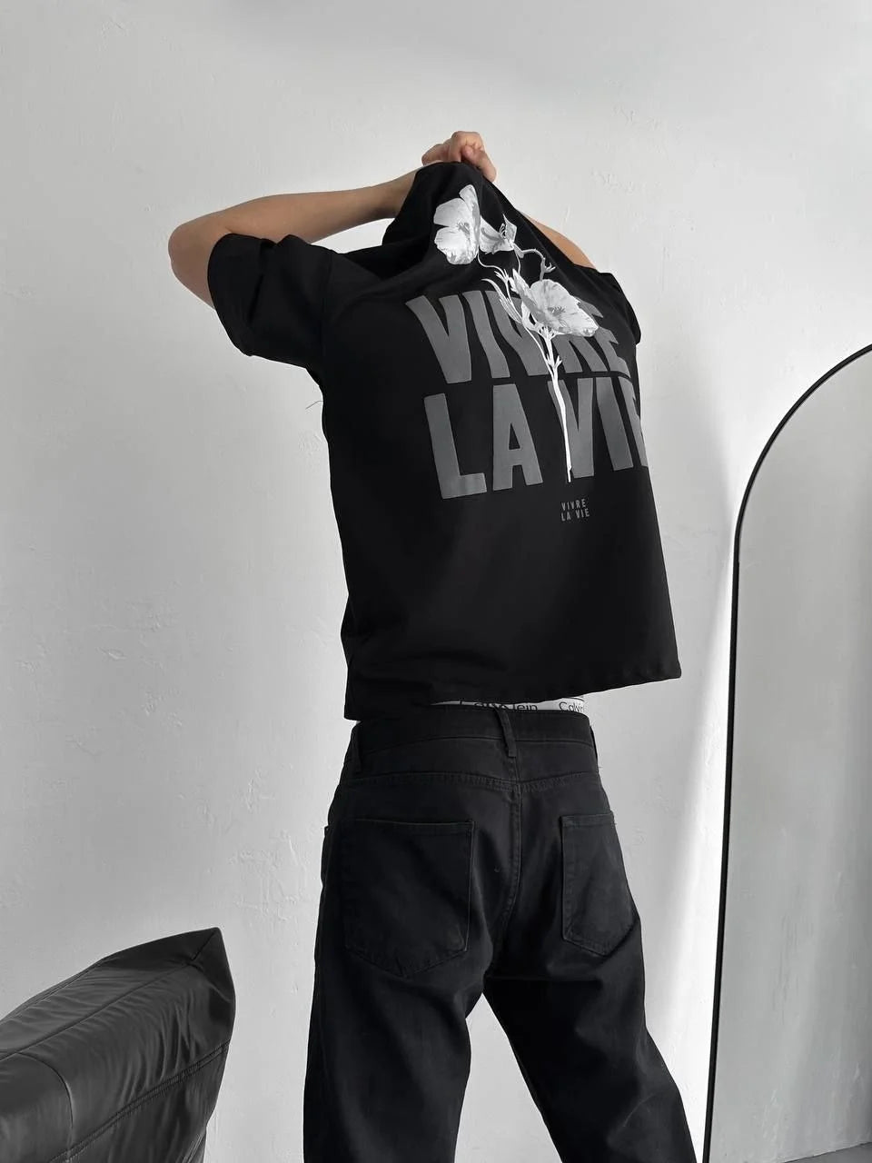 Baskılı Oversize Bisiklet Yaka T-shirt - Siyah