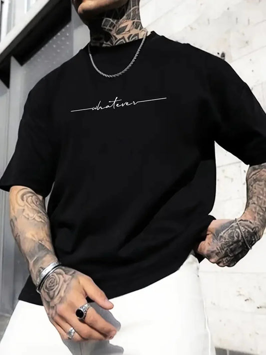 Büyük Beden Erkek "Whatever" Baskılı Tişört, Oversize Erkekler İçin Yaz Modası Kısa Kollu Tişörtler - Siyah