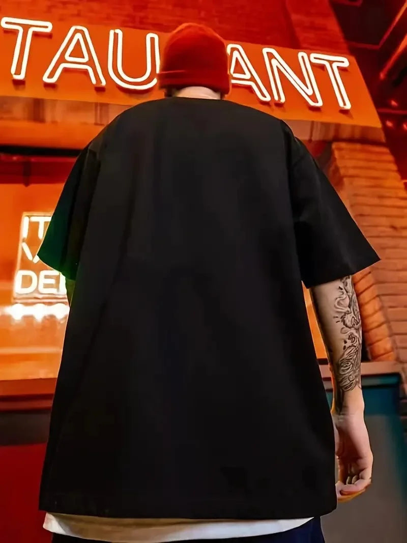 erkek büyük beden Kart baskılı düz renk kısa kollu bisiklet yaka tişört gündelik giyim - Siyah