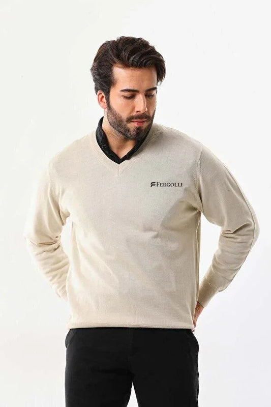 Baskılı V Yaka Uzun Kol Dokuma Triko - Indigo