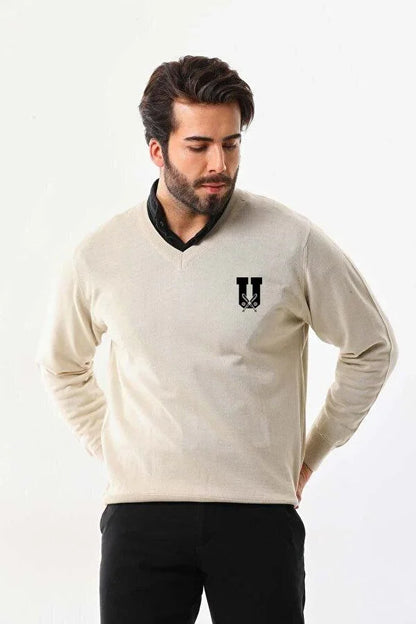 Baskılı V Yaka Uzun Kol Dokuma Triko - Indigo