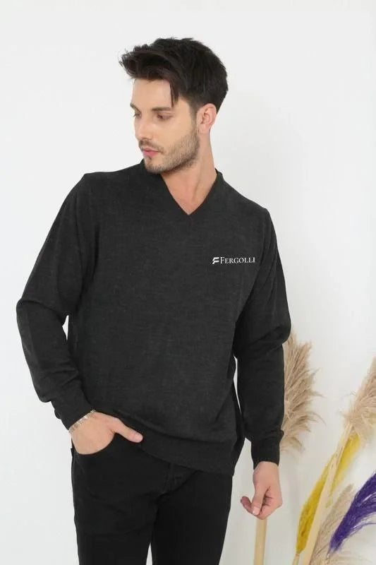 Baskılı V Yaka Uzun Kol Dokuma Triko - Indigo