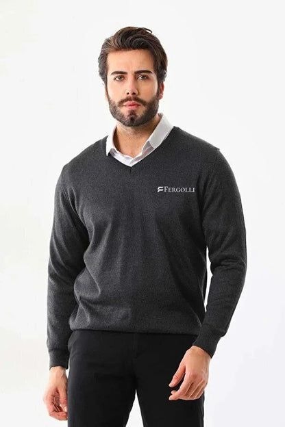 Baskılı V Yaka Uzun Kol Dokuma Triko - Indigo