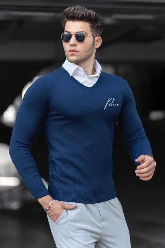 Baskılı V Yaka Uzun Kol Dokuma Triko - Füme