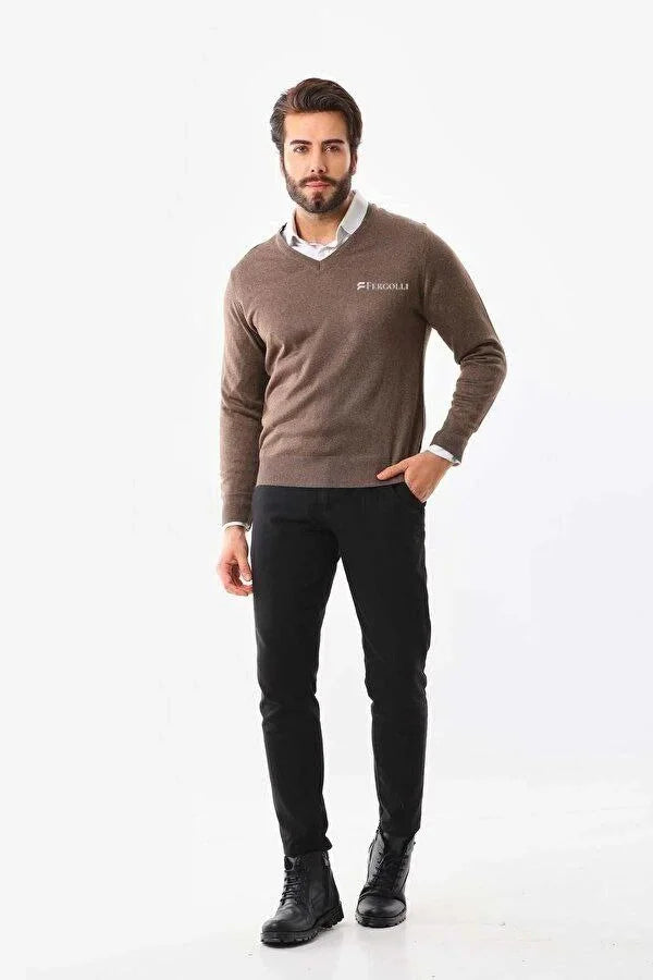 Baskılı V Yaka Uzun Kol Dokuma Triko - Indigo