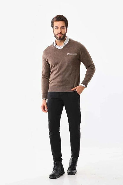 Baskılı V Yaka Uzun Kol Dokuma Triko - Indigo