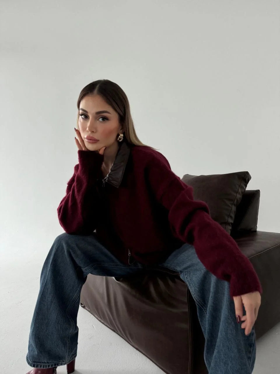 Deri Yakalı Pamuk dokulu Çift Taraflı Çalışan Fermuar Ceket - Füme